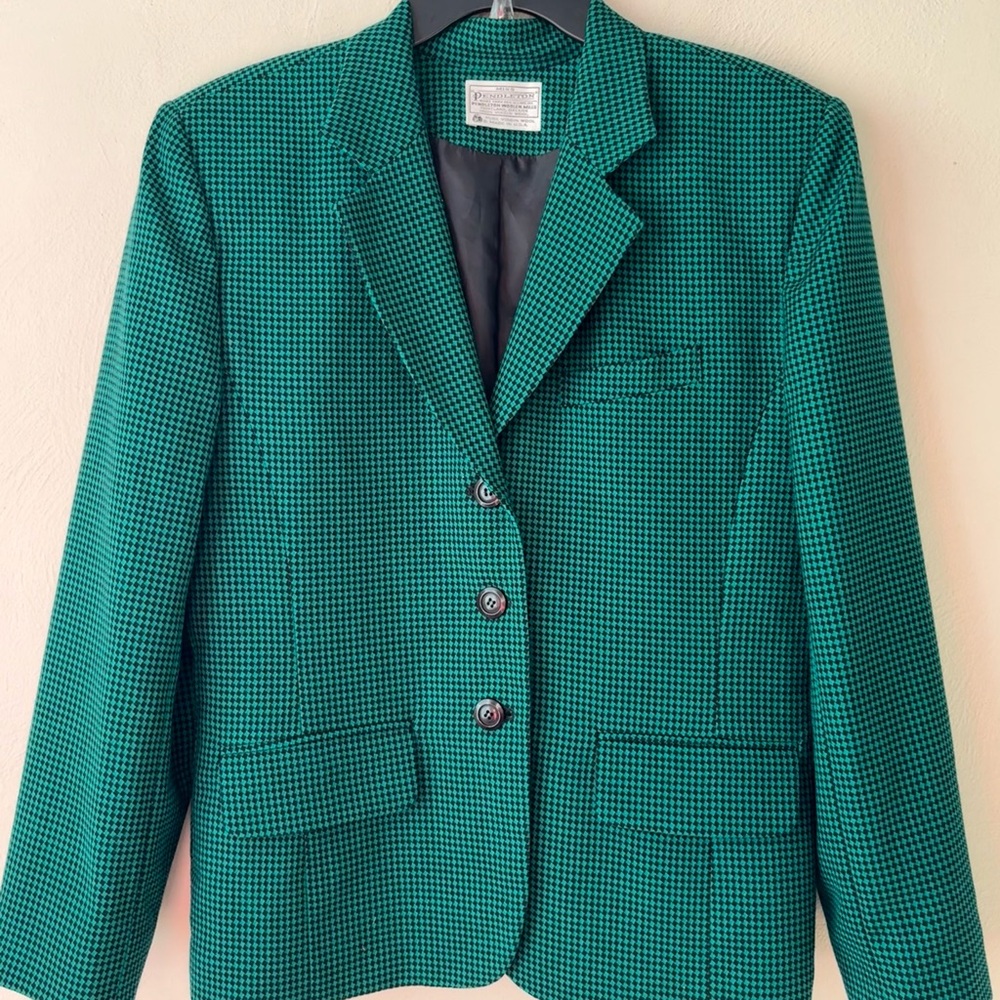 Vintage Miss Pendleton Green Black Houndstooth Virgin Wool Blazer